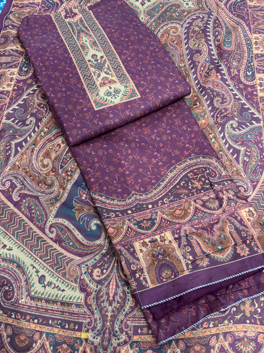 Flasa Panel Style Floral Printed Semi Pashmina Winter Suit Set