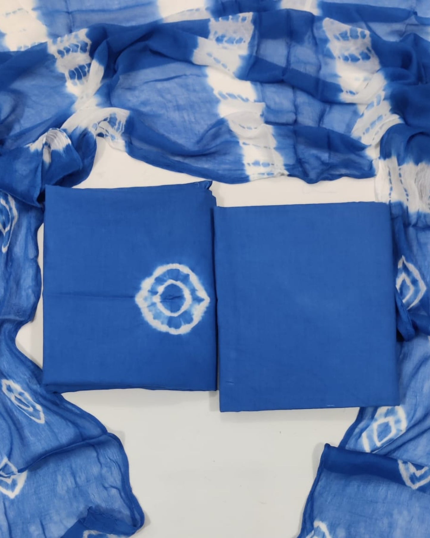 Tie Dye Hand Block Printed Cotton Suit With Chiffon Dupatta