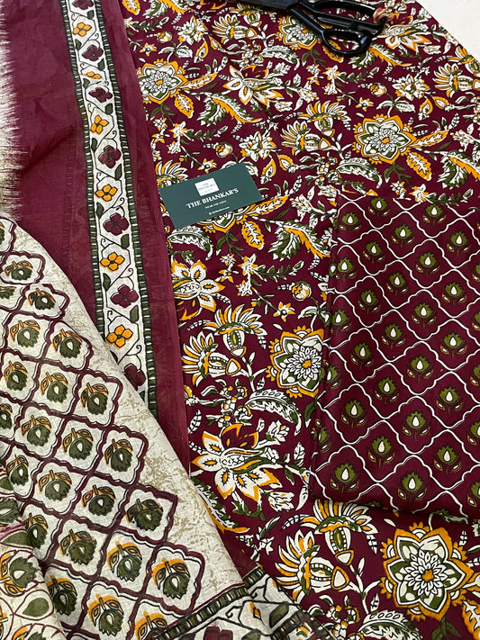 Kalamkari Handblock Printed Cotton Suit With Mulmul Cotton Dupatta