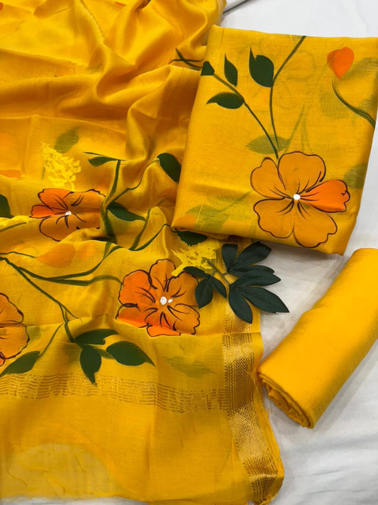 Yellow Handpainted Premium Maheshwari Silk Unstitched Suit with Santoon Bottom – Festive Ready