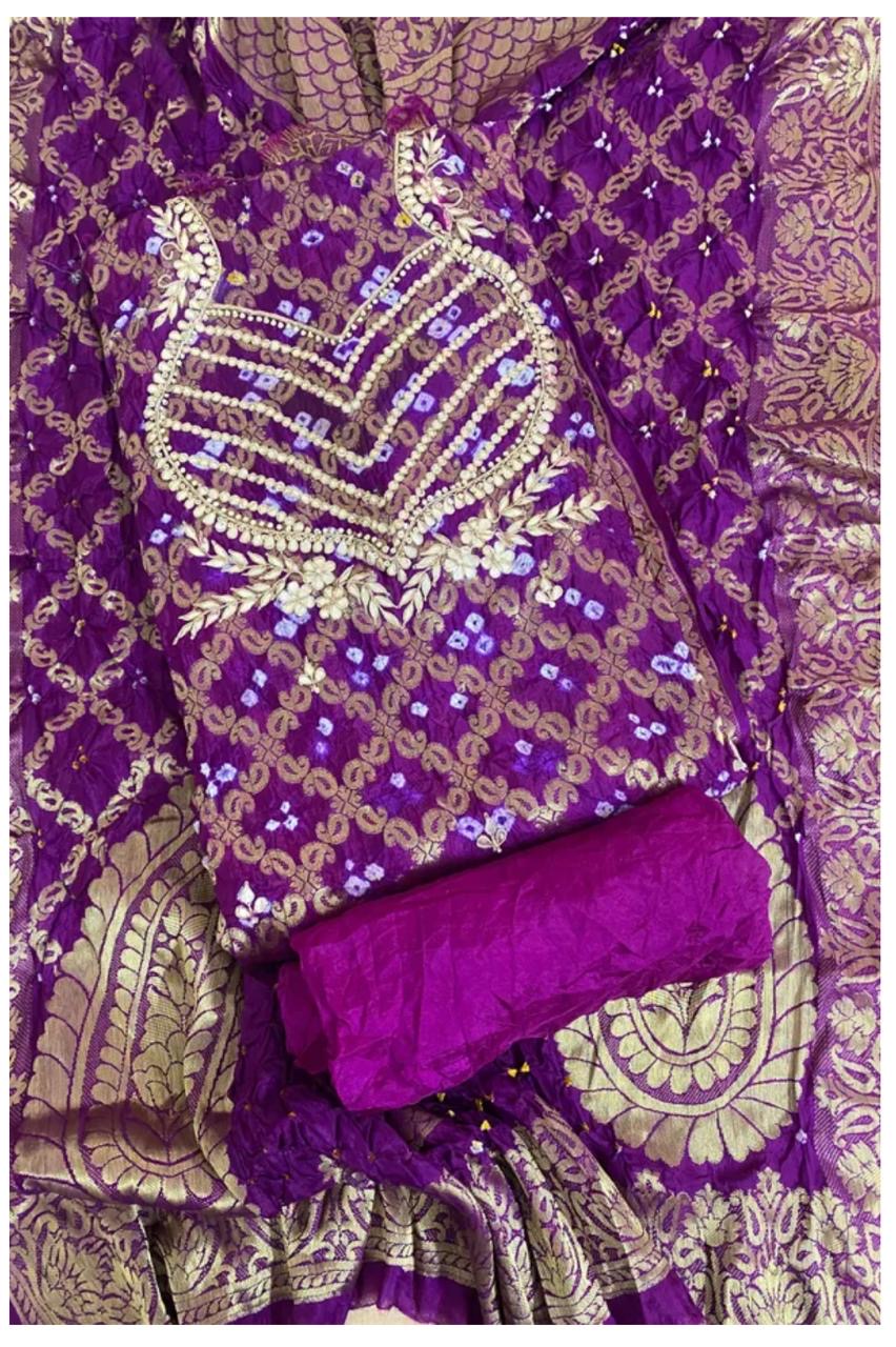 PURPLE COLOUR GHATCHOLA BANDHANI BANARASI SILK FABRIC SUITS WITH BEAUTIFUL HAND GOTAPATTI WORK DUPATTA