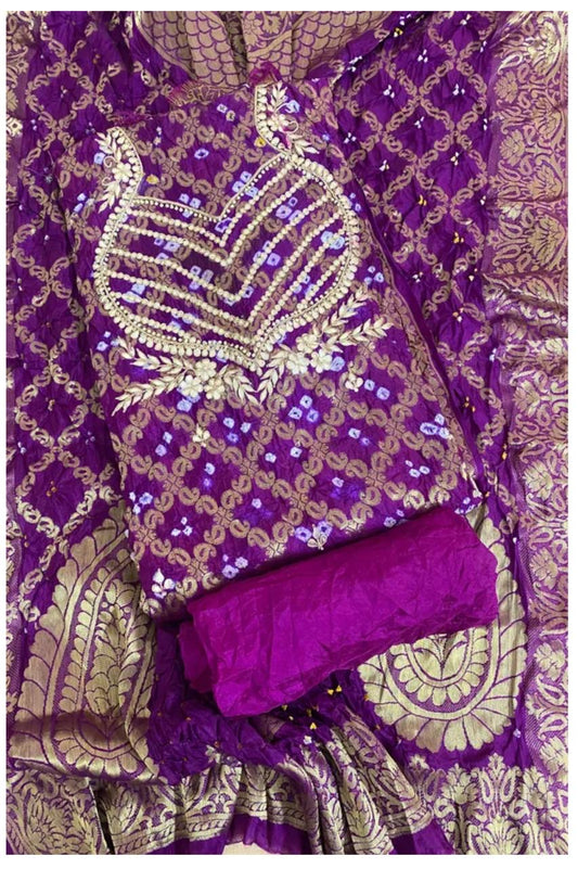PURPLE COLOUR GHATCHOLA BANDHANI BANARASI SILK FABRIC SUITS WITH BEAUTIFUL HAND GOTAPATTI WORK DUPATTA
