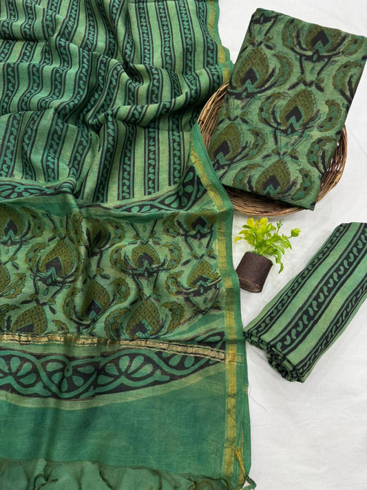 Premium Handblock Print Pure Chanderi Silk Unstitched Suit Set – Handwoven Zari Border | The Bhankar’s