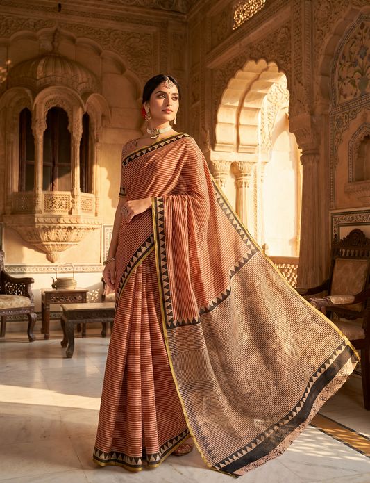 Exclusive Premium Handblock Printed Pure Double Diamond Chiffon Saree with Matching Blouse Piece – Elegant Peach Beige Traditional Design
