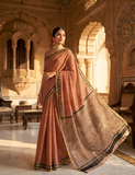 Exclusive Premium Handblock Printed Pure Double Diamond Chiffon Saree with Matching Blouse Piece – Elegant Peach Beige Traditional Design