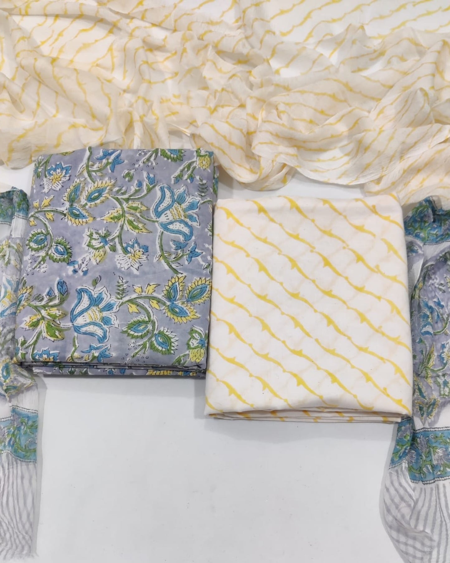 Rapid Hand Block Printed Cotton Suit With Chiffon Dupatta