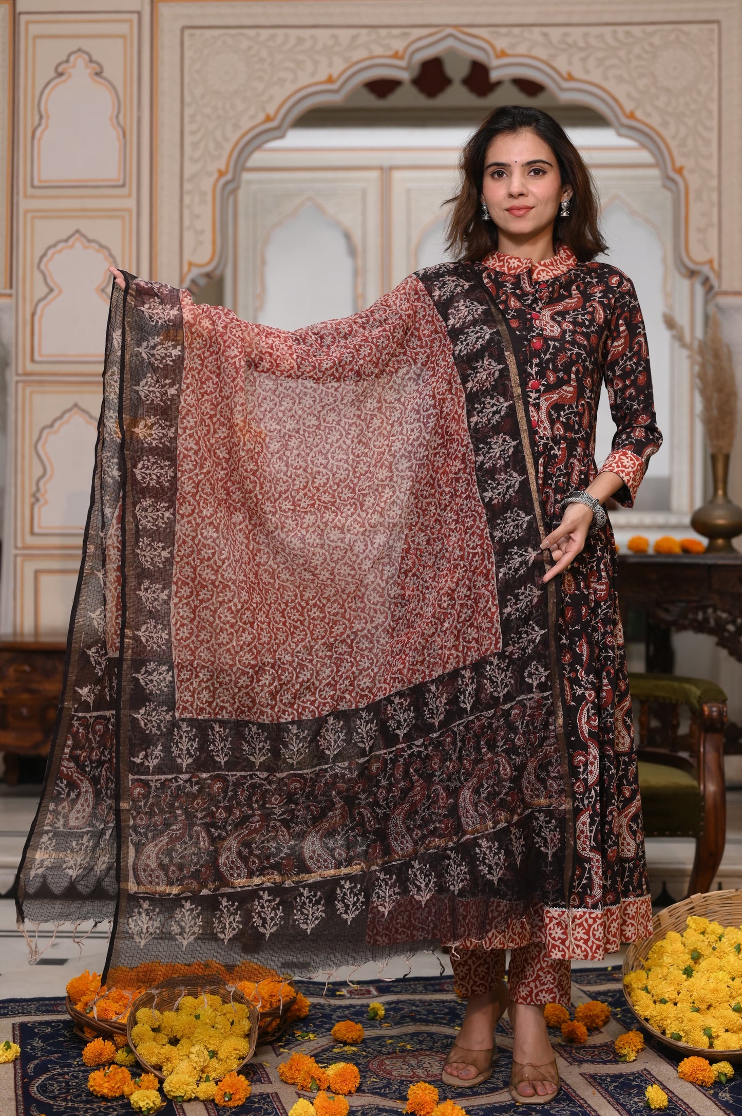 Bagru Handblock Printed Anarkali Set With Kota doria Dupatta with Zari Border