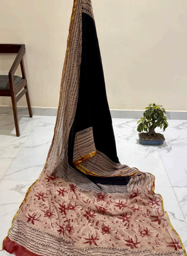 Exclusive Premium Handblock Printed Pure Double Diamond Chiffon Saree with Matching Blouse Piece – Black & Beige