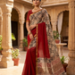 Exclusive Premium Handblock Printed Pure Double Diamond Chiffon Saree with Matching Blouse Piece – Ruby Red & Beige Floral Design
