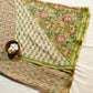 Exclusive Handblock Printed Pure Double Diamond Chiffon Floral Green Print | Premium Bemberg Silk Chiffon with Intricate Gold Zari Border