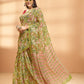 Exclusive Handblock Printed Pure Double Diamond Chiffon Floral Green Print | Premium Bemberg Silk Chiffon with Intricate Gold Zari Border