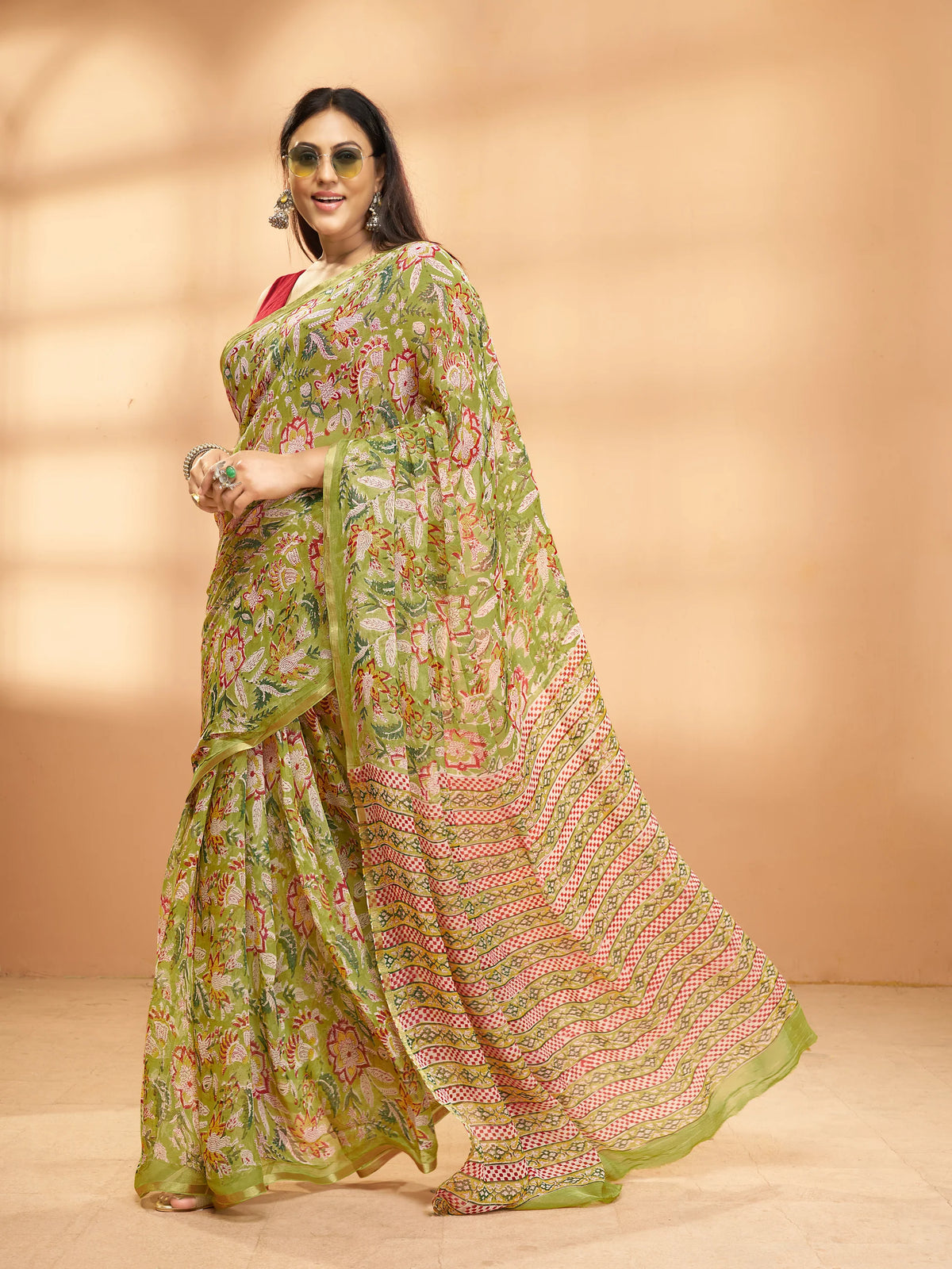 Exclusive Handblock Printed Pure Double Diamond Chiffon Floral Green Print | Premium Bemberg Silk Chiffon with Intricate Gold Zari Border