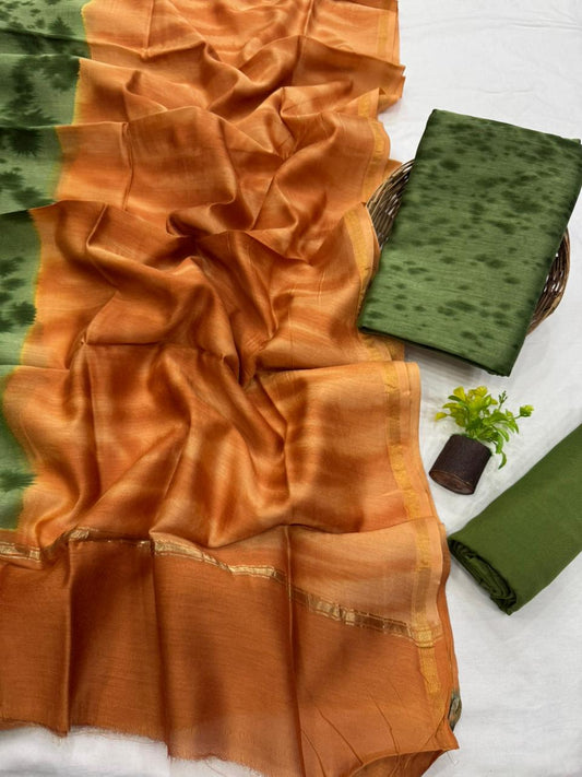 Premium Handblock Print Pure Chanderi Silk Unstitched Suit Set – Handwoven Zari Border | The Bhankar’s