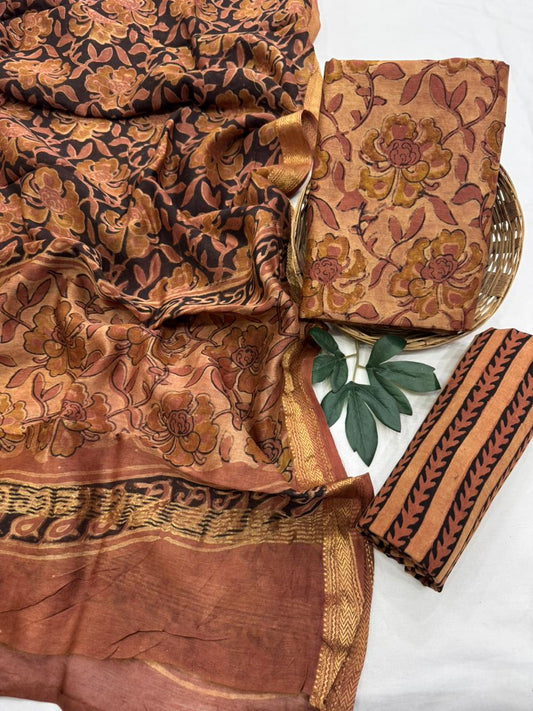 Beautiful Handblock Printed Premium Maheshwari Silk Unstitched Suit with Santoon Bottom – Festive Ready