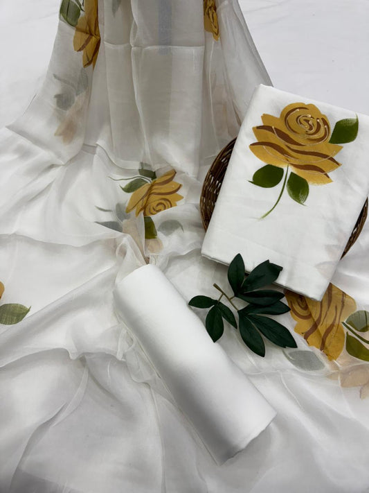 White Hand Painted Cotton Suit With Hand Painted Chiffon Dupatta