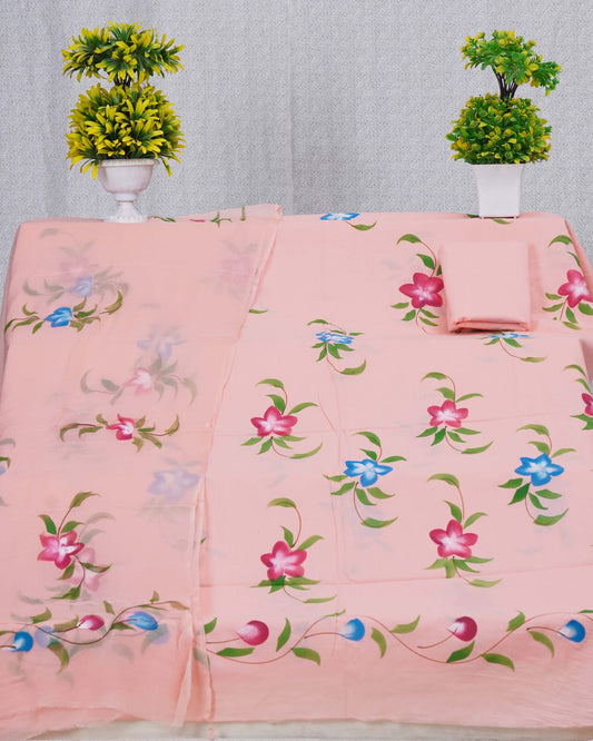 Peach Colour Hand Painted Cotton Suit With Hand Painted Chiffon Dupatta