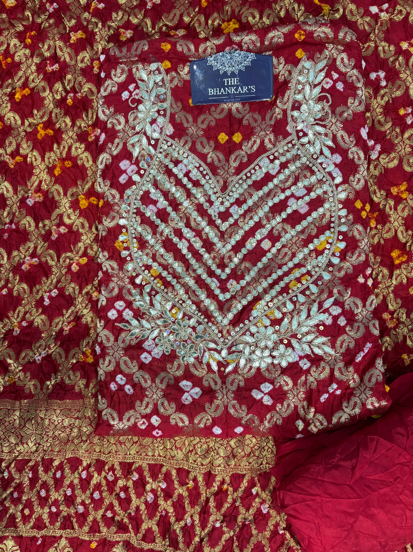 RED COLOUR GHATCHOLA BANDHANI BANARASI SILK FABRIC SUITS WITH BEAUTIFUL HAND GOTAPATTI WORK DUPATTA