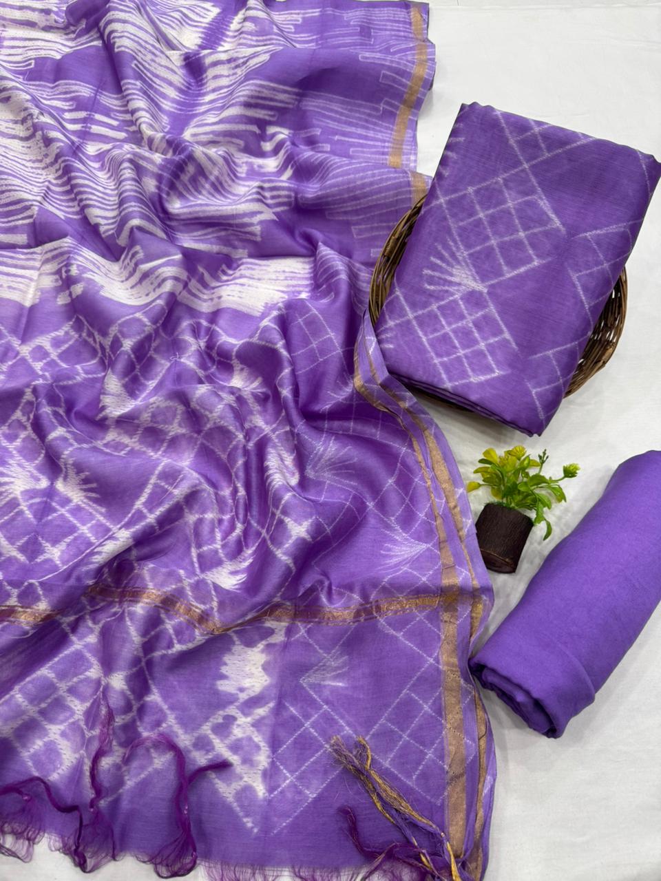 Premium Handblock Print Pure Chanderi Silk Unstitched Suit Set – Handwoven Zari Border | The Bhankar’s