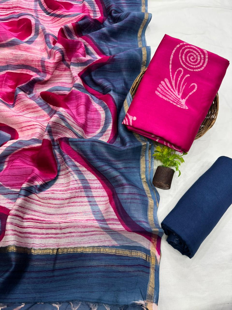 Premium Handblock Print Pure Chanderi Silk Unstitched Suit Set – Handwoven Zari Border | The Bhankar’s