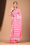 Pink Rapid Hand Block Printed Cotton Mulmul Saree with Blouse Piece