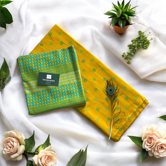 Greenish Yellow Sequence Print Top and Bottom Cotton Combo Set Fabric 2.5 Mtr Top 2.5 Mtr Bottom