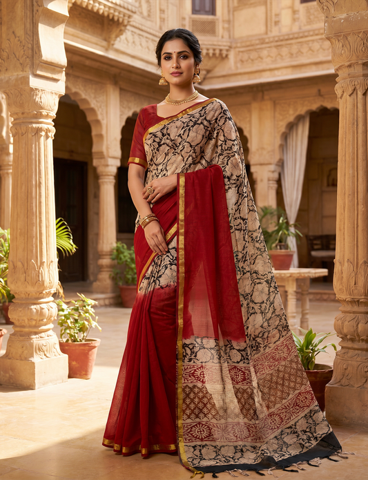 Exclusive Premium Handblock Printed Pure Double Diamond Chiffon Saree with Matching Blouse Piece – Ruby Red & Beige Floral Design