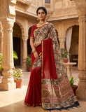 Exclusive Premium Handblock Printed Pure Double Diamond Chiffon Saree with Matching Blouse Piece – Ruby Red & Beige Floral Design
