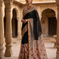 Exclusive Premium Handblock Printed Pure Double Diamond Chiffon Saree with Matching Blouse Piece – Black & Beige