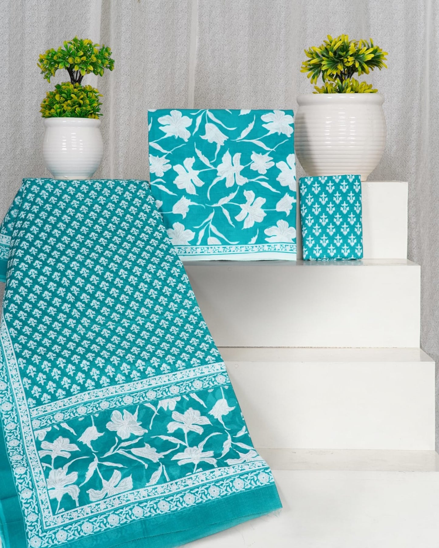 Hand Block Printed Cotton Suit With Mulmul Cotton Dupatta