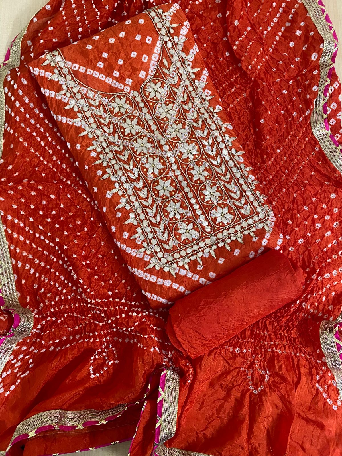 ORANGE BANDHANI HEAVY ART SILK FABRIC DOUBLE SHADES SUITS WITH BEAUTIFUL HAND GOTAPATTI WORK DUPATTA