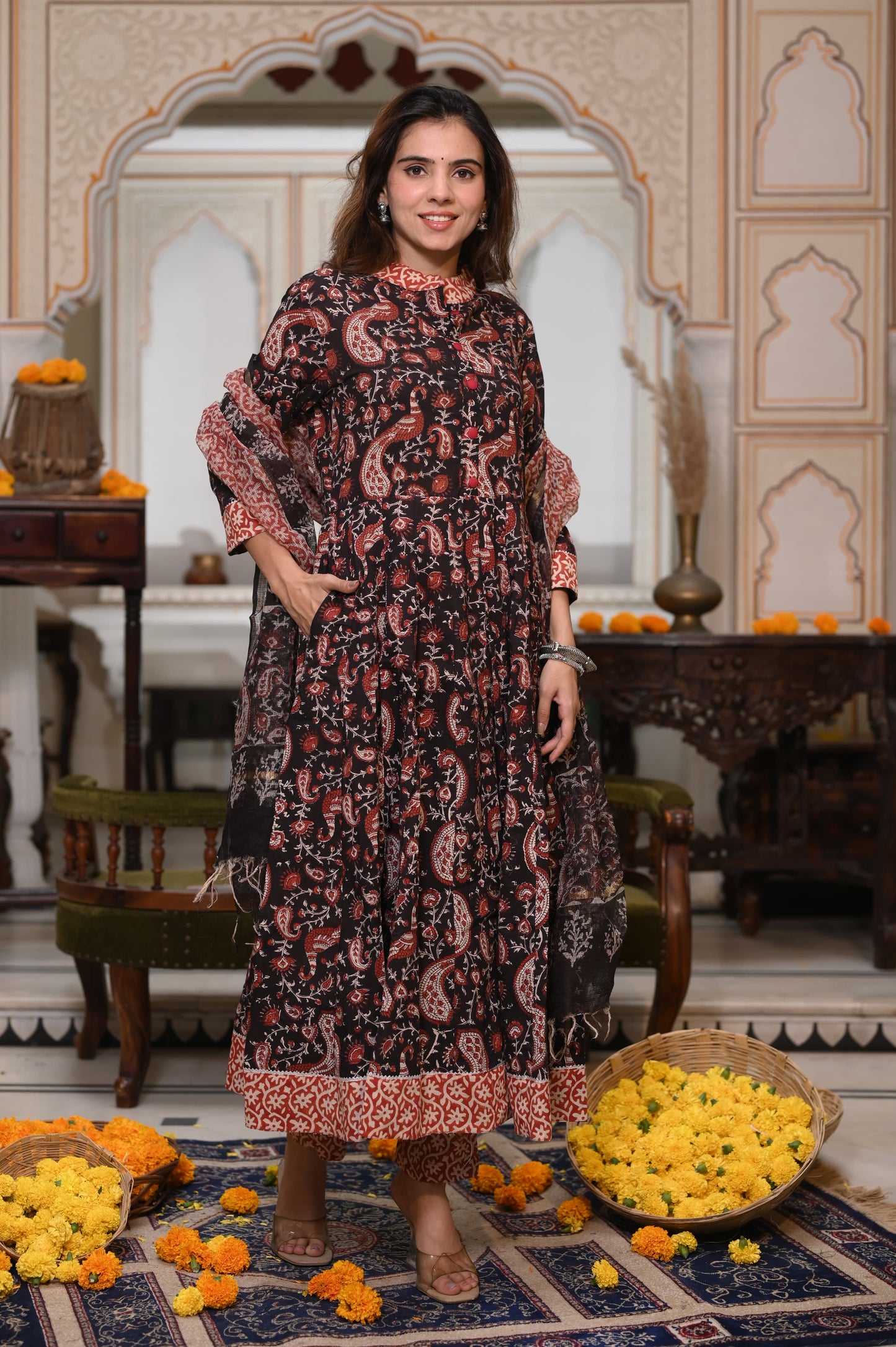 Bagru Handblock Printed Anarkali Set With Kota doria Dupatta with Zari Border