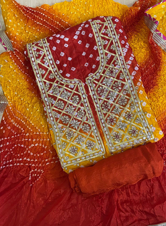 YELLOW BANDHANI HEAVY ART SILK FABRIC DOUBLE SHADES SUITS WITH BEAUTIFUL HAND GOTAPATTI WORK DUPATTA