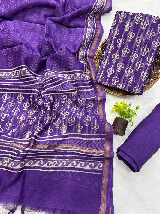 Premium Handblock Print Pure Chanderi Silk Unstitched Suit Set – Handwoven Zari Border | The Bhankar’s