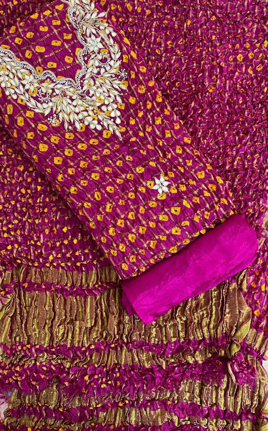 Rani GHATCHOLA Round Neck BANDHANI Art SILK FABRIC SUITS WITH BEAUTIFUL HAND GOTAPATTI WORK DUPATTA