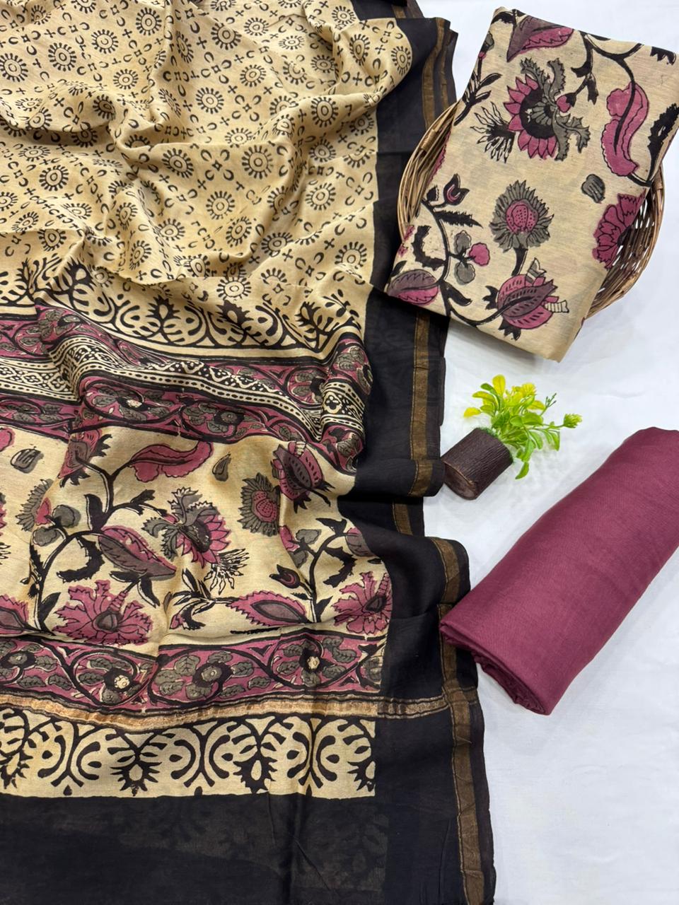 Premium Handblock Print Pure Chanderi Silk Unstitched Suit Set – Handwoven Zari Border | The Bhankar’s