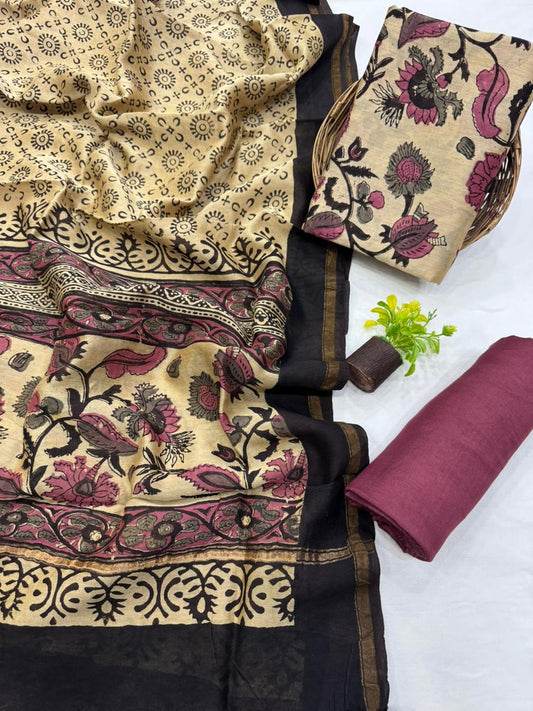 Premium Handblock Print Pure Chanderi Silk Unstitched Suit Set – Handwoven Zari Border | The Bhankar’s