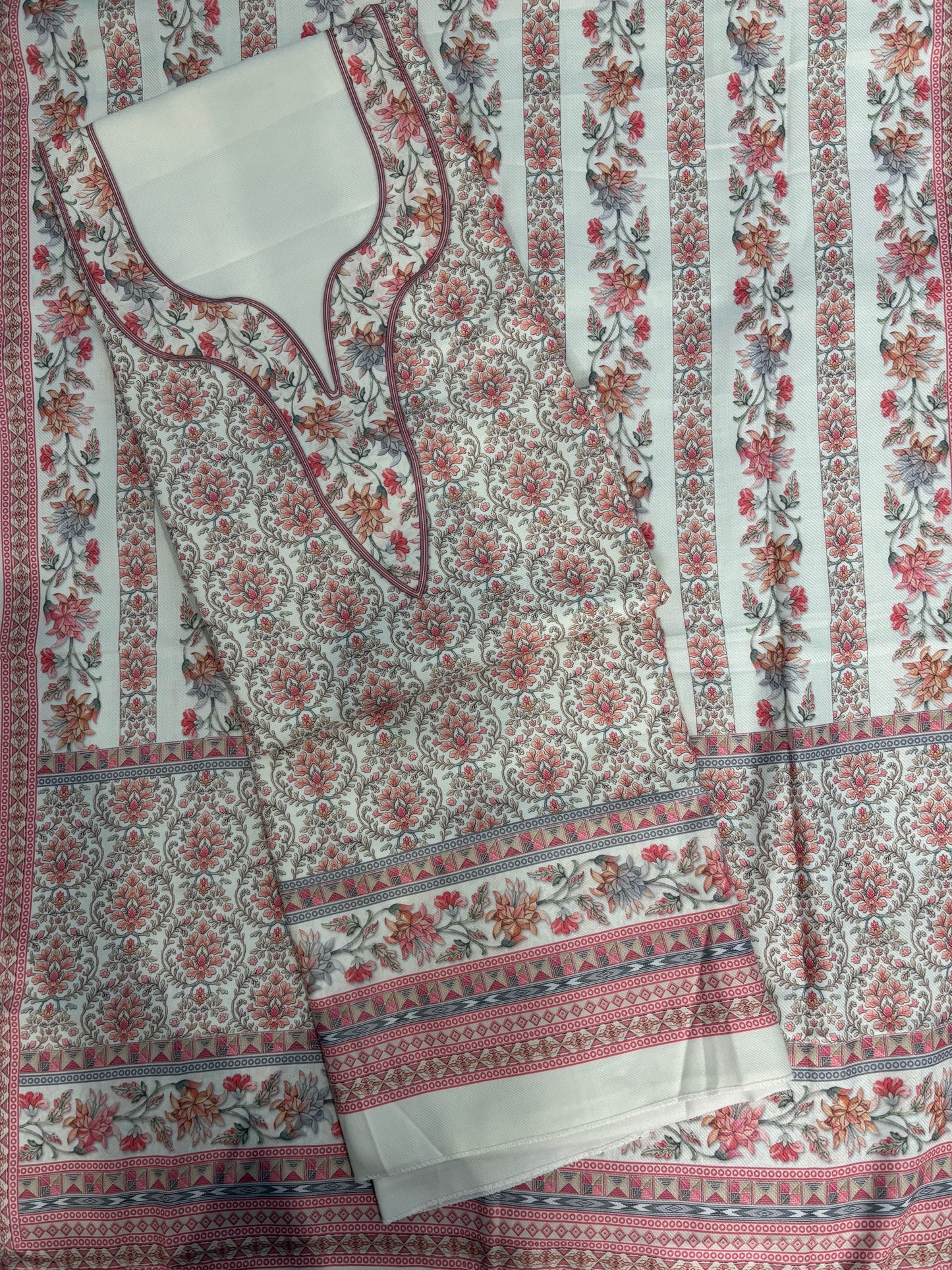 Off White Panel Style Floral Printed Semi Pashmina Winter Suit Set