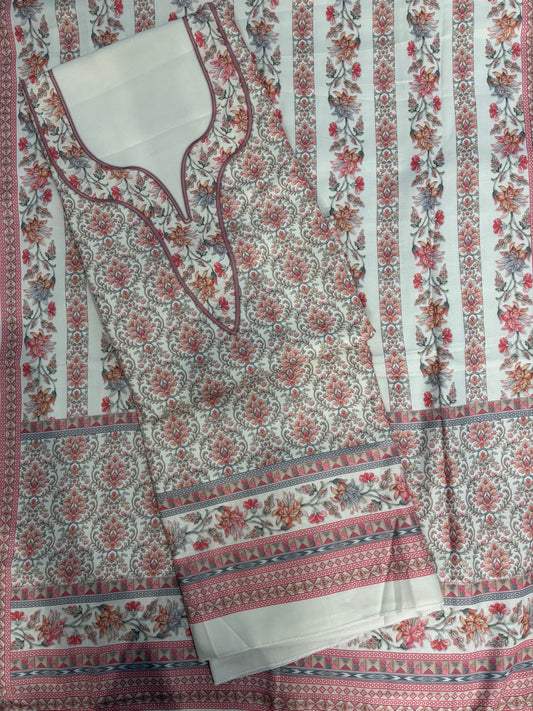 Off White Panel Style Floral Printed Semi Pashmina Winter Suit Set