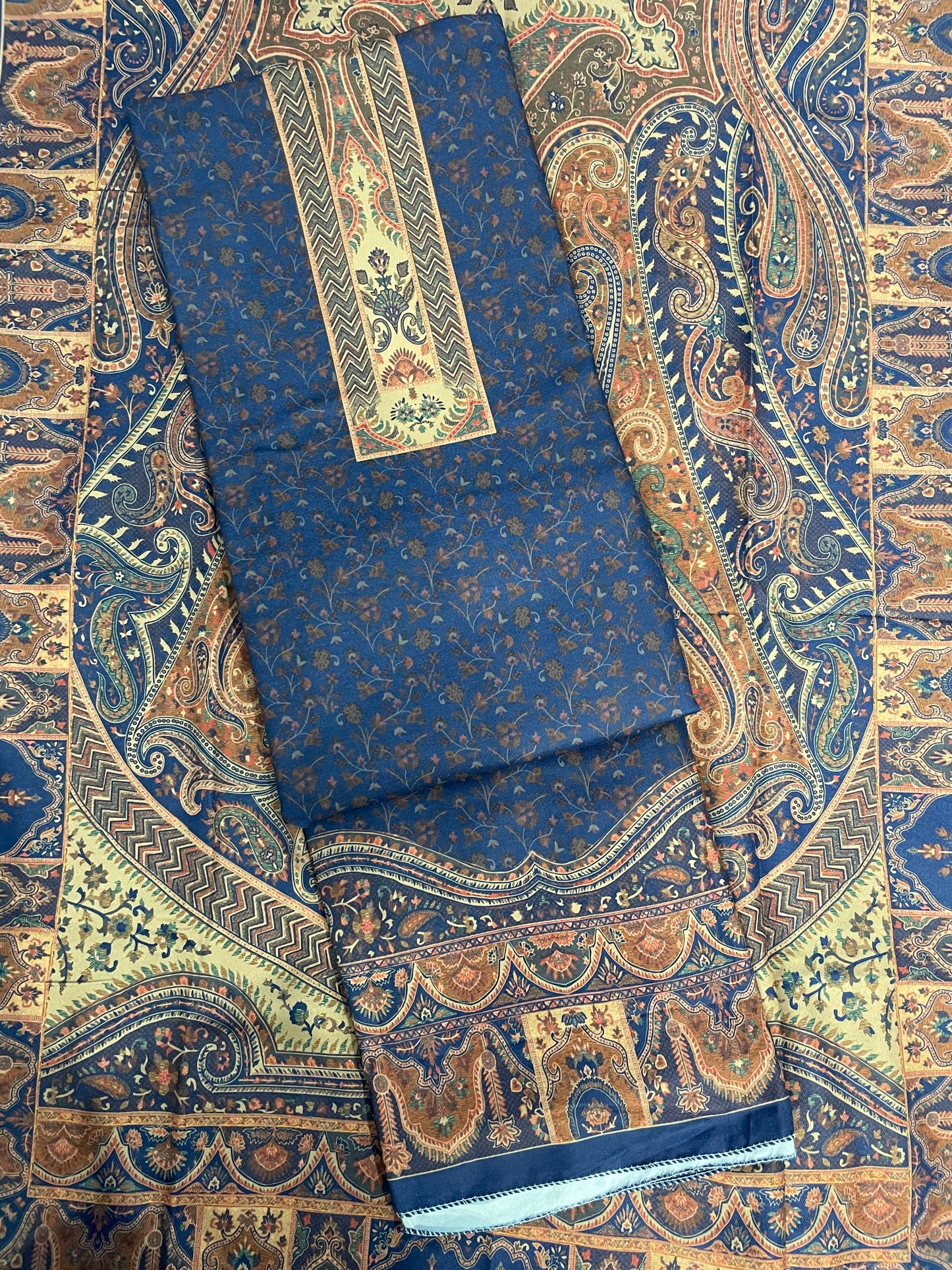 Blue Self Print Panel Style Floral Printed Semi Pashmina Winter Suit Set