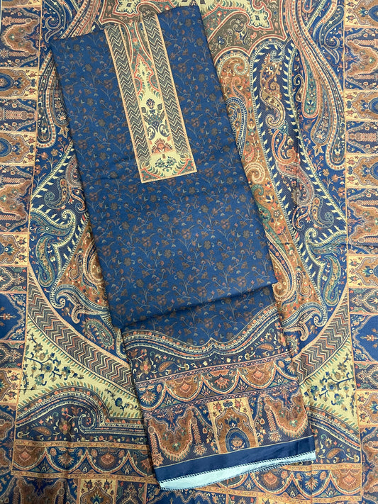 Blue Self Print Panel Style Floral Printed Semi Pashmina Winter Suit Set