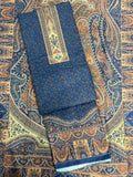Blue Self Print Panel Style Floral Printed Semi Pashmina Winter Suit Set