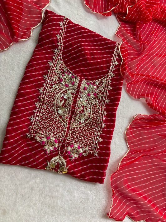 Teej Special Red Leheriya Georgette Suit with Heavy Hand Embroidery zardozi work | THE BHANKAR'S