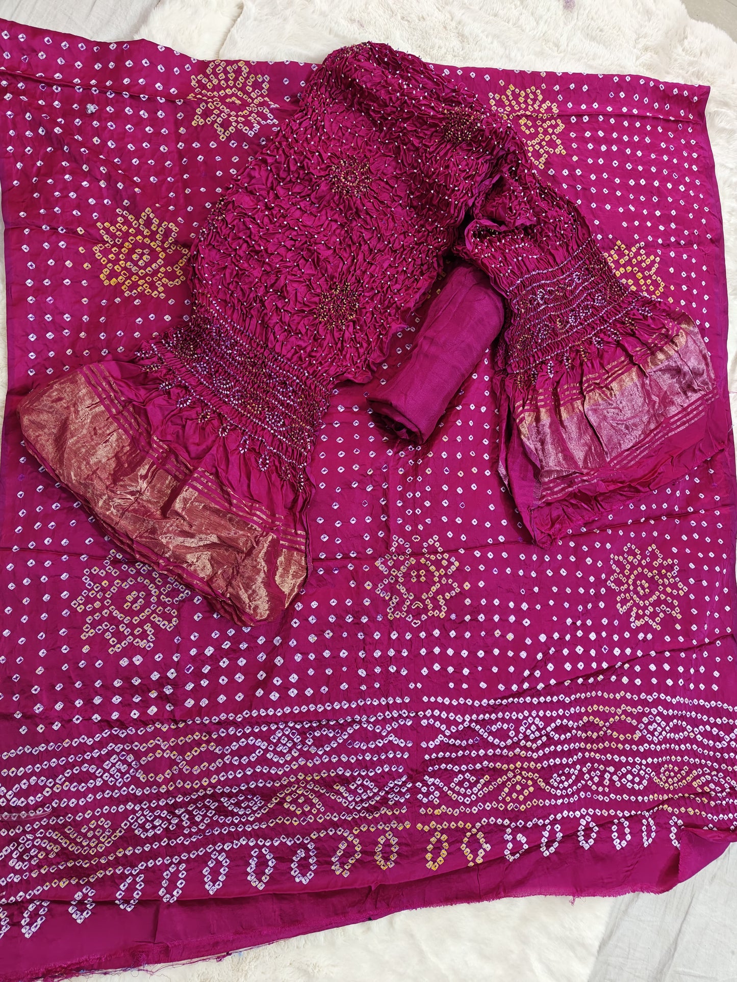 FALSA COLOUR BANDHANI PURE GAJJI SILK FABRIC SUITS WITH HEAVY ZARI RICH HAND PALLU DUPATTA