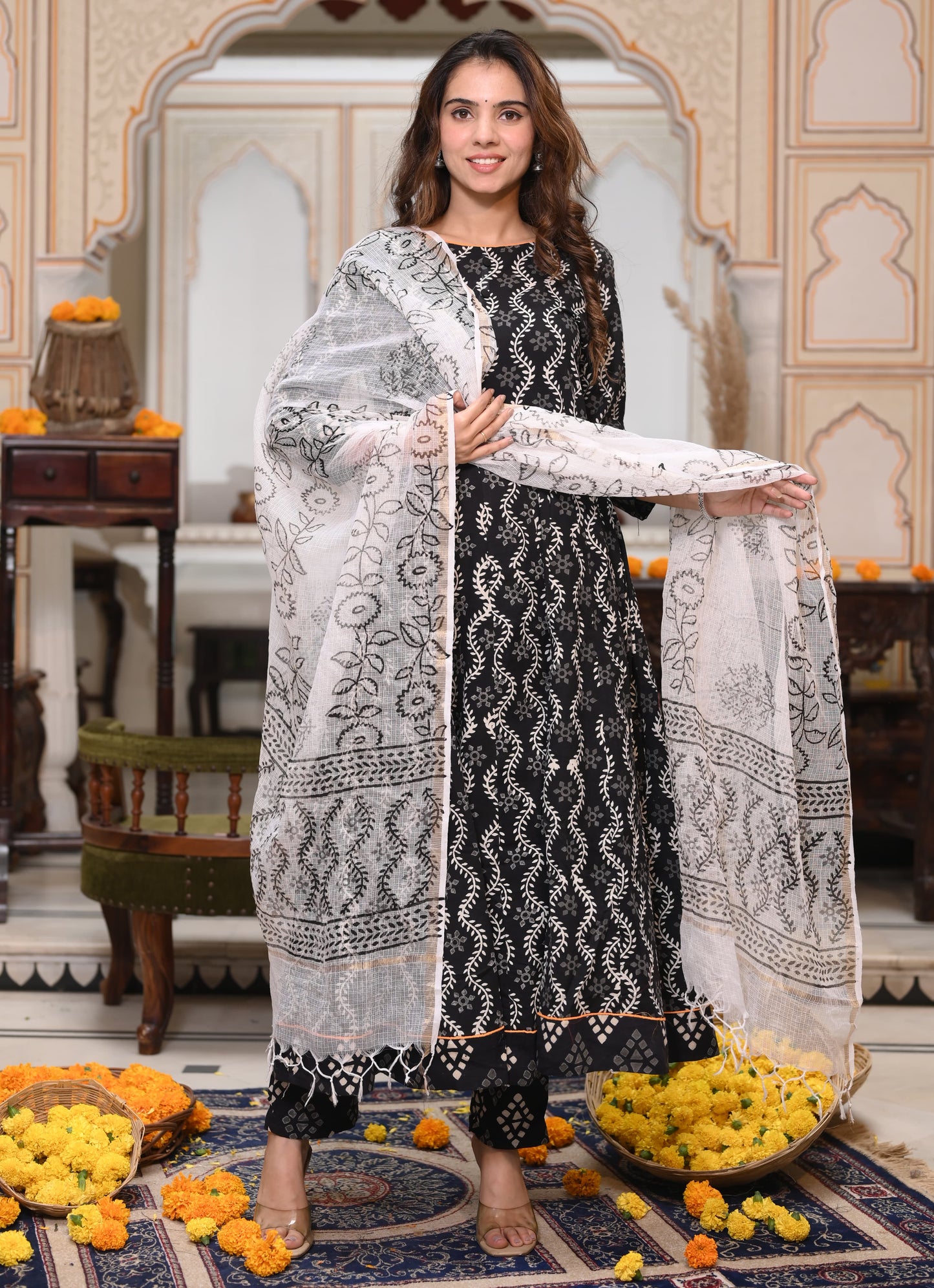 Bagru Handblock Printed Anarkali Set With Kota doria Dupatta with Zari Border