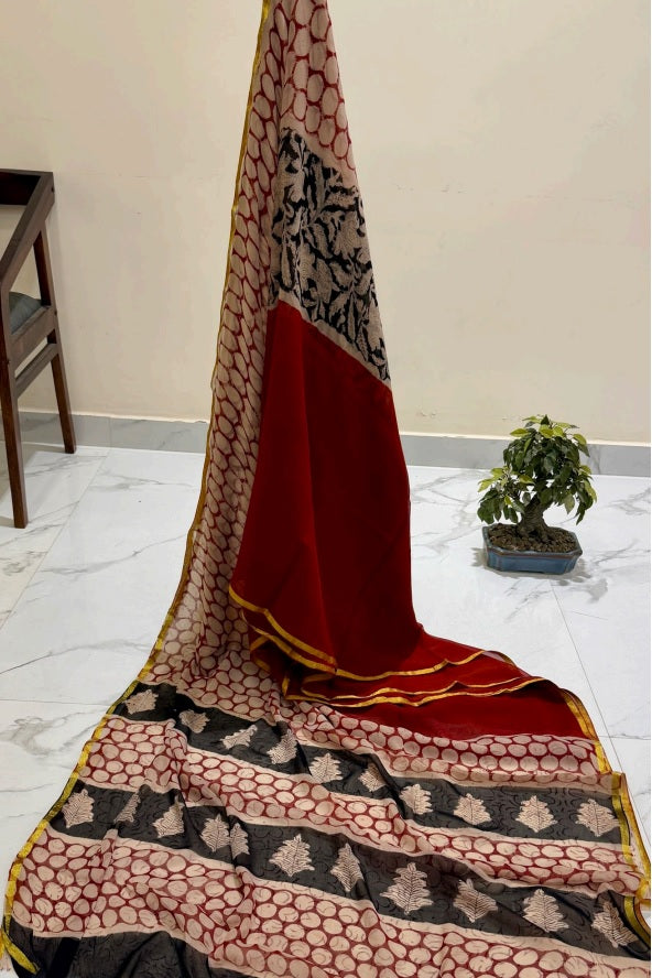 Exclusive Premium Handblock Printed Pure Double Diamond Chiffon Saree with Matching Blouse Piece – Red, Ivory & Black
