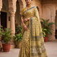 Exclusive Premium Handblock Printed Pure Double Diamond Chiffon Saree with Matching Blouse Piece – Beige & Mustard Gold