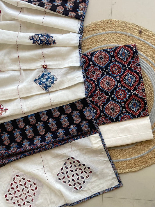 Ajrakh Dupatta suit With hand applique mirror work Ajarakh print Suit pcs with patch work and mirror work dupatta