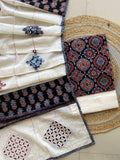 Ajrakh Dupatta suit With hand applique mirror work Ajarakh print Suit pcs with patch work and mirror work dupatta