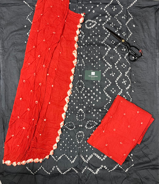 BANDHANI SATIN COTTON SUIT SET WITH MULMUL DUPATTA
