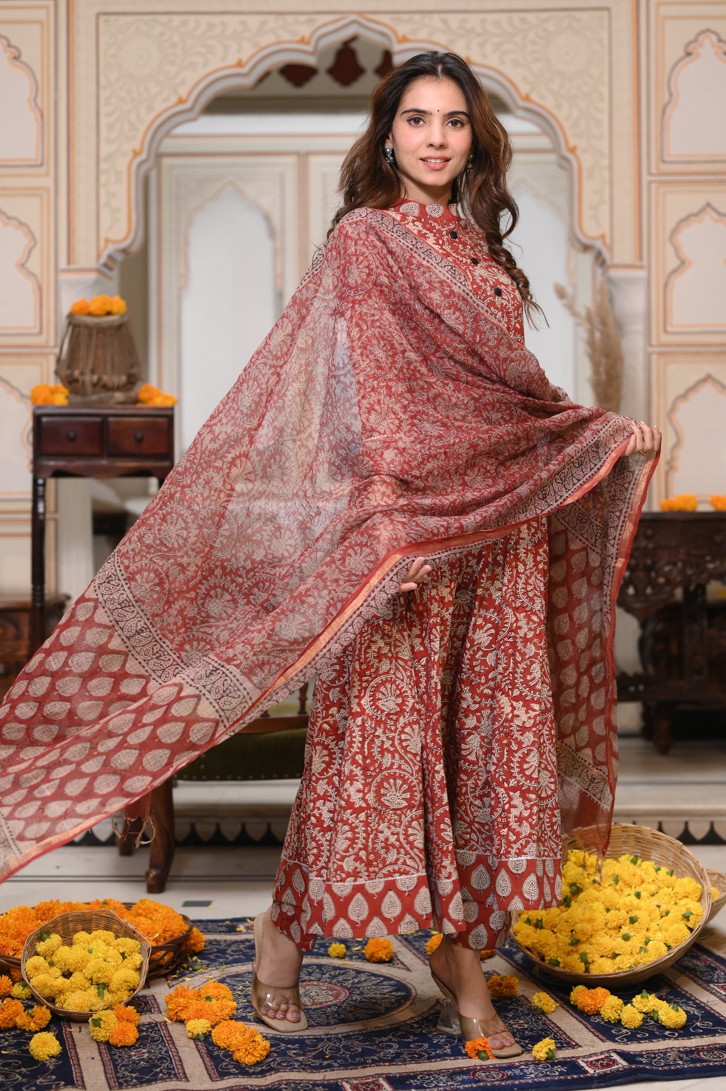 Bagru Handblock Printed Anarkali Set With Kota doria Dupatta with Zari Border